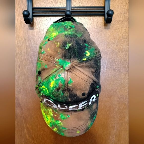 QUEER Bleach Dyed Splatter Painted Hat (lime green and neon yellow) - Picture 3 of 8